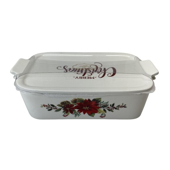Grace Pantry Elegant Porcelain Christmas Baking Dish w/ Lid Poinsettia Design - Picture 4 of 9